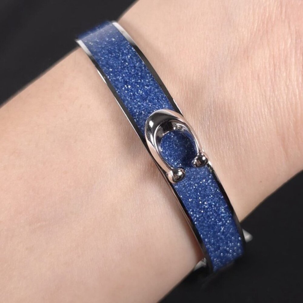 NWT COACH Signature C Logo Hinged Bangle Bracelet Sparkly Blue Enamel & Silver - Picture 4 of 10